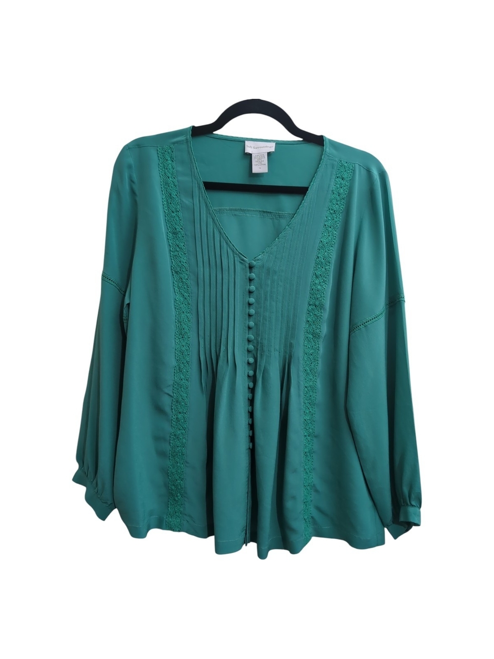 Soft Surroundings 100% Silk Teal Lace Pintuck Boho Tunic Petite Small Cottage